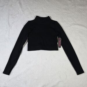 Cotton Candy Black Mock Neck Long Sleeve Ribbed Crop Top